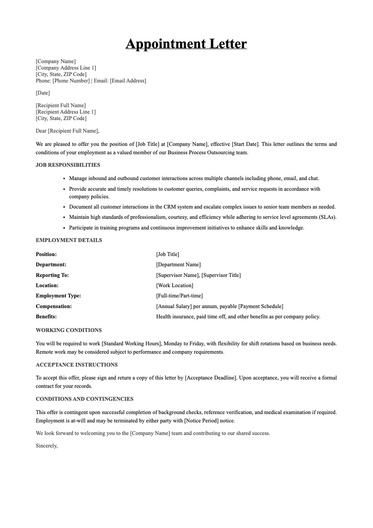 BPO appointment letter template for customer service representative position_variant_2